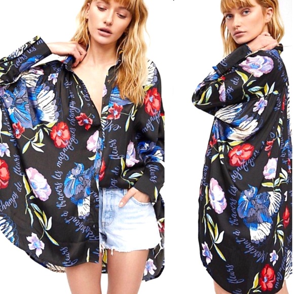 FREE PEOPLE SILKY NIGHTS FLORAL BUTTON DOWN TUNIC - Picture 2 of 12